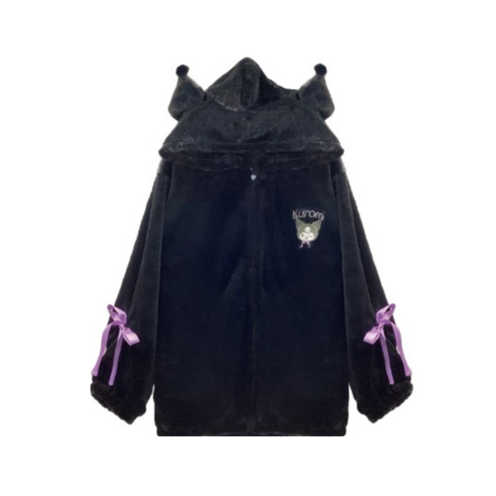 Kuromi Fluffy Hood Zip Up Bows Jacket